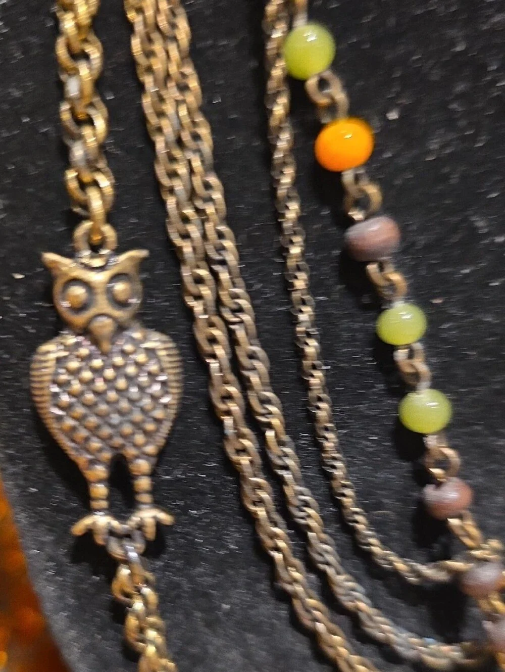 Antique Gold Multi-Strand Owl & Acorn Necklace with Green and Orange Beads